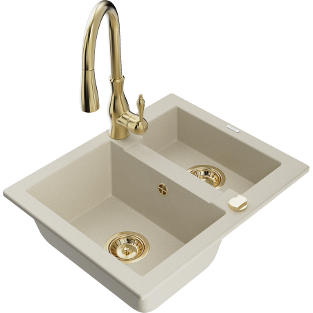 Mexen Carlos zlewozmywak granitowy 1,5-komorowy z baterią kuchenną Savita, beżowy - 6518-69-672601-50