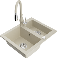 Mexen Carlos zlewozmywak granitowy 1,5-komorowy z baterią kuchenną Savita, beżowy - 6518-69-672601-69