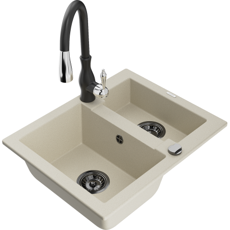 Mexen Carlos zlewozmywak granitowy 1,5-komorowy z baterią kuchenną Savita, beżowy - 6518-69-672601-70