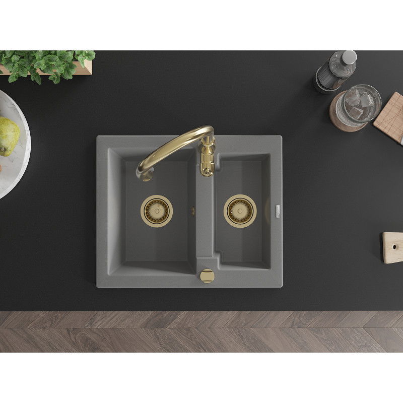 Mexen Carlos zlewozmywak granitowy 1,5-komorowy z baterią kuchenną Savita, szary - 6518-71-672601-50