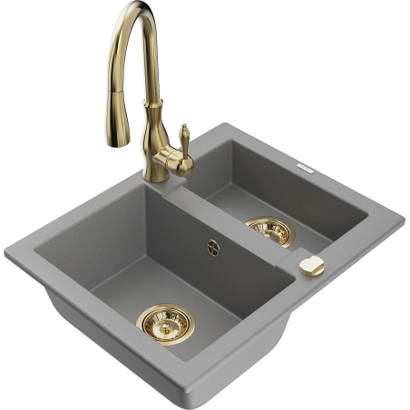 Mexen Carlos zlewozmywak granitowy 1,5-komorowy z baterią kuchenną Savita, szary - 6518-71-672601-50