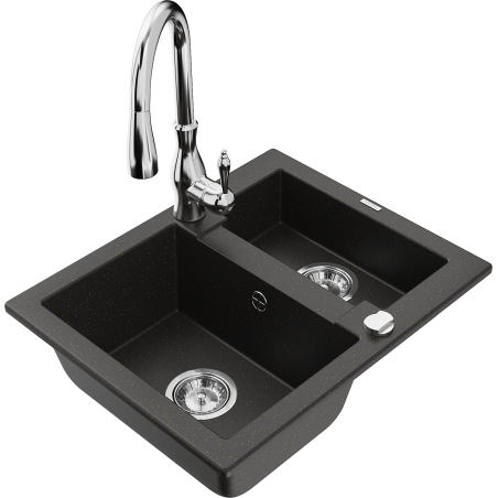 Mexen Carlos zlewozmywak granitowy 1,5-komorowy z baterią kuchenną Savita, czarny/złoty metalik - 6518-75-672601-00