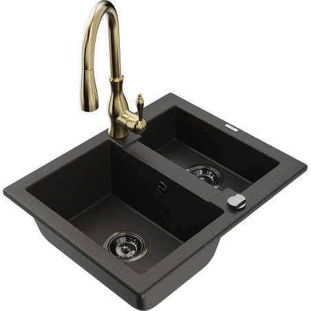 Mexen Carlos zlewozmywak granitowy 1,5-komorowy z baterią kuchenną Savita, czarny/złoty metalik - 6518-75-672601-50-B
