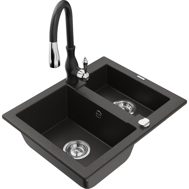 Mexen Carlos zlewozmywak granitowy 1,5-komorowy z baterią kuchenną Savita, czarny/złoty metalik - 6518-75-672601-70