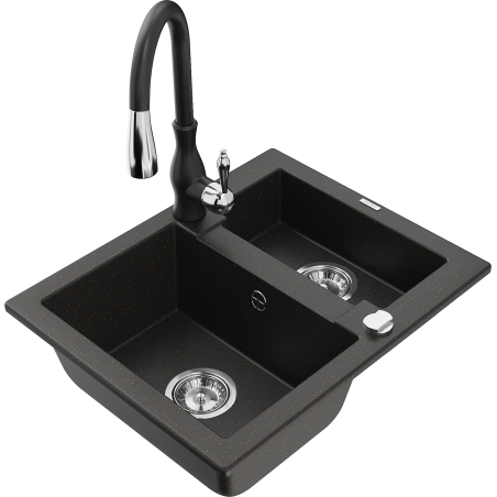 Mexen Carlos zlewozmywak granitowy 1,5-komorowy z baterią kuchenną Savita, czarny/złoty metalik - 6518-75-672601-70