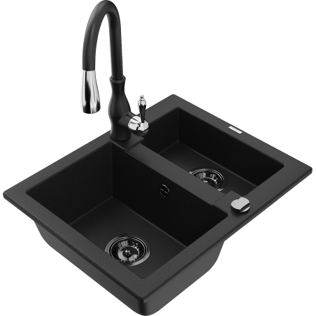 Mexen Carlos zlewozmywak granitowy 1,5-komorowy z baterią kuchenną Savita, czarny - 6518-77-672601-70-B