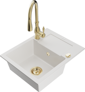 Mexen Enzo zlewozmywak granitowy 1-komorowy z ociekaczem i baterią kuchenną Savita, biały - 6506-20-672601-50