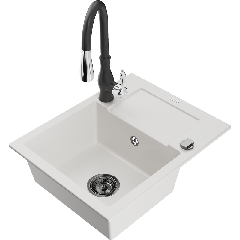 Mexen Enzo zlewozmywak granitowy 1-komorowy z ociekaczem i baterią kuchenną Savita, biały - 6506-20-672601-70