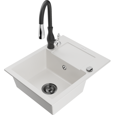 Mexen Enzo zlewozmywak granitowy 1-komorowy z ociekaczem i baterią kuchenną Savita, biały - 6506-20-672601-70