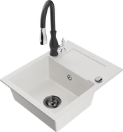 Mexen Enzo zlewozmywak granitowy 1-komorowy z ociekaczem i baterią kuchenną Savita, biały - 6506-20-672601-70