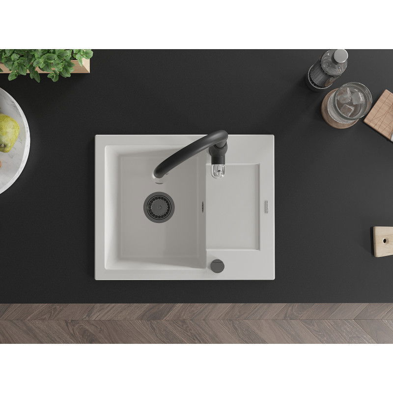 Mexen Enzo zlewozmywak granitowy 1-komorowy z ociekaczem i baterią kuchenną Savita, biały - 6506-20-672601-70
