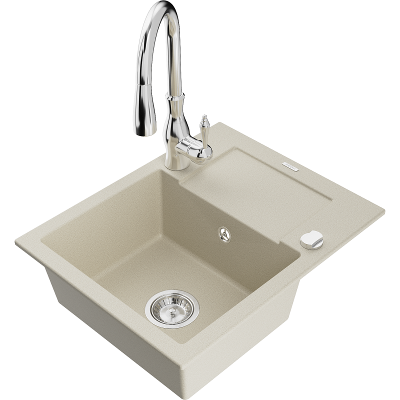 Mexen Enzo zlewozmywak granitowy 1-komorowy z ociekaczem i baterią kuchenną Savita, beżowy - 6506-69-672601-00