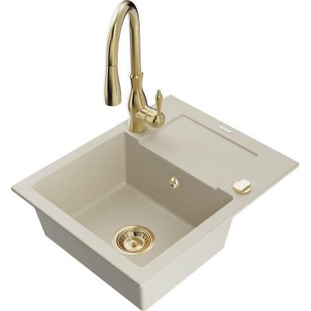 Mexen Enzo zlewozmywak granitowy 1-komorowy z ociekaczem i baterią kuchenną Savita, beżowy - 6506-69-672601-50