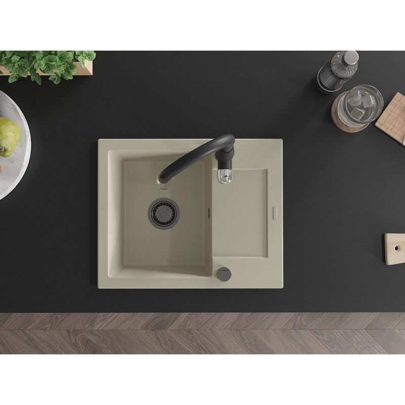 Mexen Enzo zlewozmywak granitowy 1-komorowy z ociekaczem i baterią kuchenną Savita, beżowy - 6506-69-672601-70