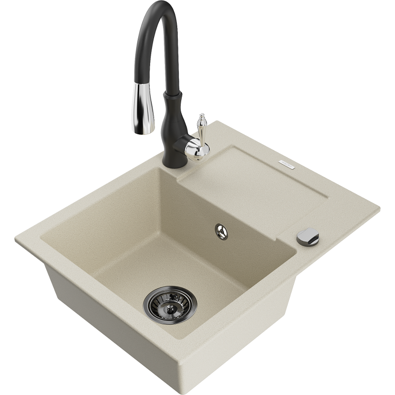 Mexen Enzo zlewozmywak granitowy 1-komorowy z ociekaczem i baterią kuchenną Savita, beżowy - 6506-69-672601-70