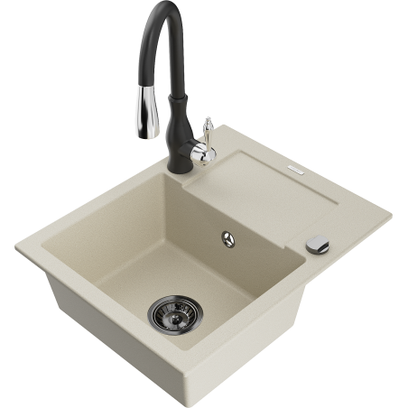 Mexen Enzo zlewozmywak granitowy 1-komorowy z ociekaczem i baterią kuchenną Savita, beżowy - 6506-69-672601-70
