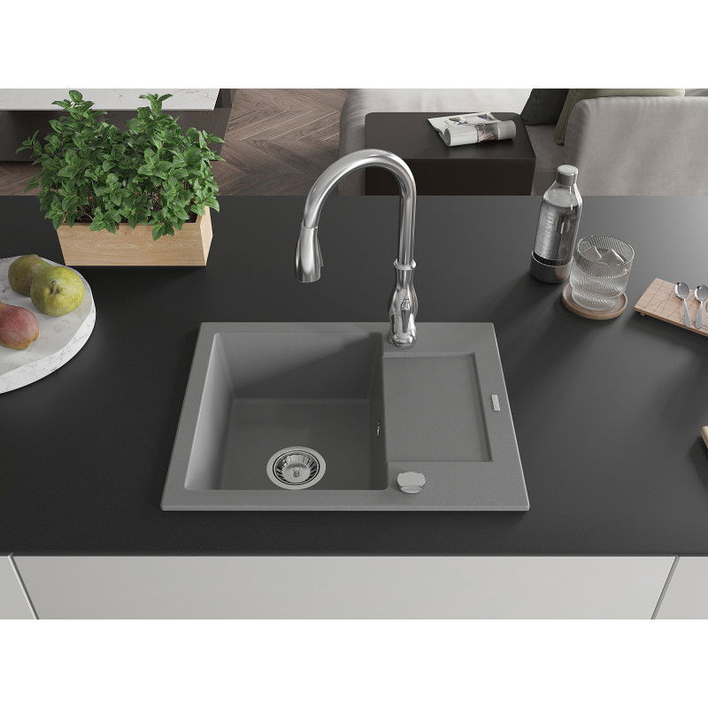 Mexen Enzo zlewozmywak granitowy 1-komorowy z ociekaczem i baterią kuchenną Savita, szary - 6506-71-672601-00