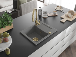 Mexen Enzo zlewozmywak granitowy 1-komorowy z ociekaczem i baterią kuchenną Savita, szary - 6506-71-672601-50