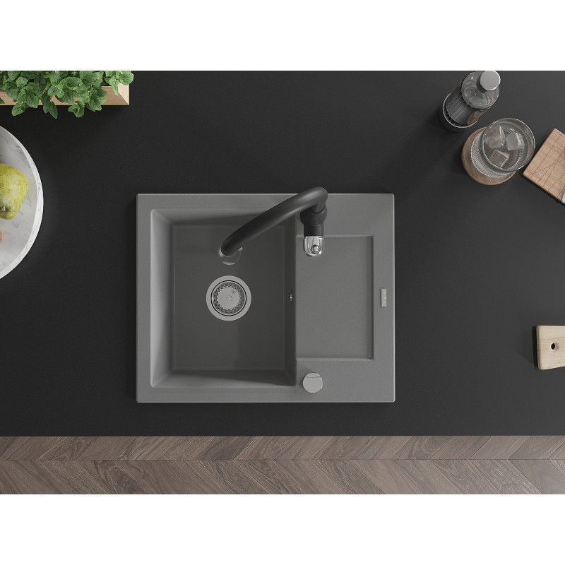 Mexen Enzo zlewozmywak granitowy 1-komorowy z ociekaczem i baterią kuchenną Savita, szary - 6506-71-672601-70