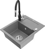Mexen Enzo zlewozmywak granitowy 1-komorowy z ociekaczem i baterią kuchenną Savita, szary - 6506-71-672601-70