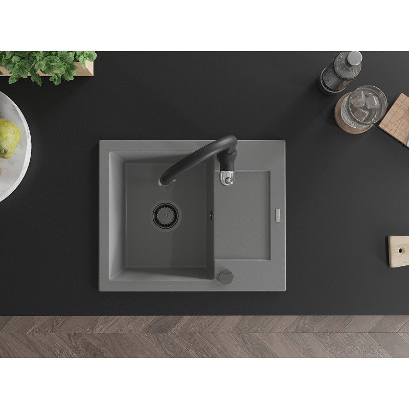 Mexen Enzo zlewozmywak granitowy 1-komorowy z ociekaczem i baterią kuchenną Savita, szary - 6506-71-672601-70-B