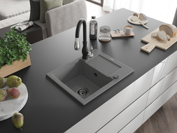 Mexen Enzo zlewozmywak granitowy 1-komorowy z ociekaczem i baterią kuchenną Savita, szary - 6506-71-672601-70-B