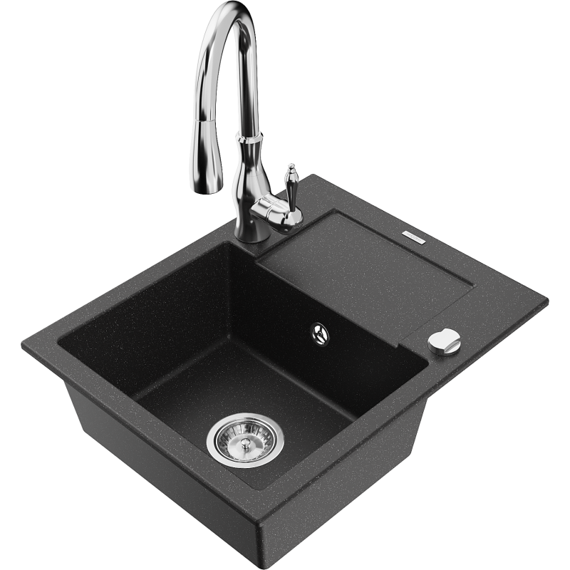 Mexen Enzo zlewozmywak granitowy 1-komorowy z ociekaczem i baterią kuchenną Savita, czarny/srebrny metalik - 6506-73-672601-00