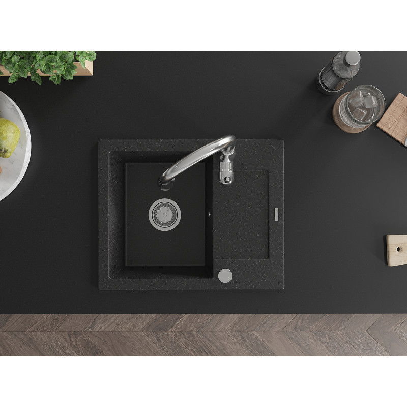 Mexen Enzo zlewozmywak granitowy 1-komorowy z ociekaczem i baterią kuchenną Savita, czarny/srebrny metalik - 6506-73-672601-00