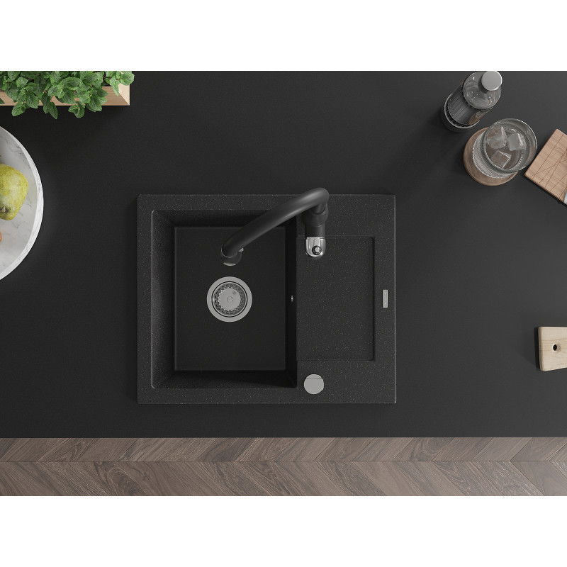 Mexen Enzo zlewozmywak granitowy 1-komorowy z ociekaczem i baterią kuchenną Savita, czarny/srebrny metalik - 6506-73-672601-70