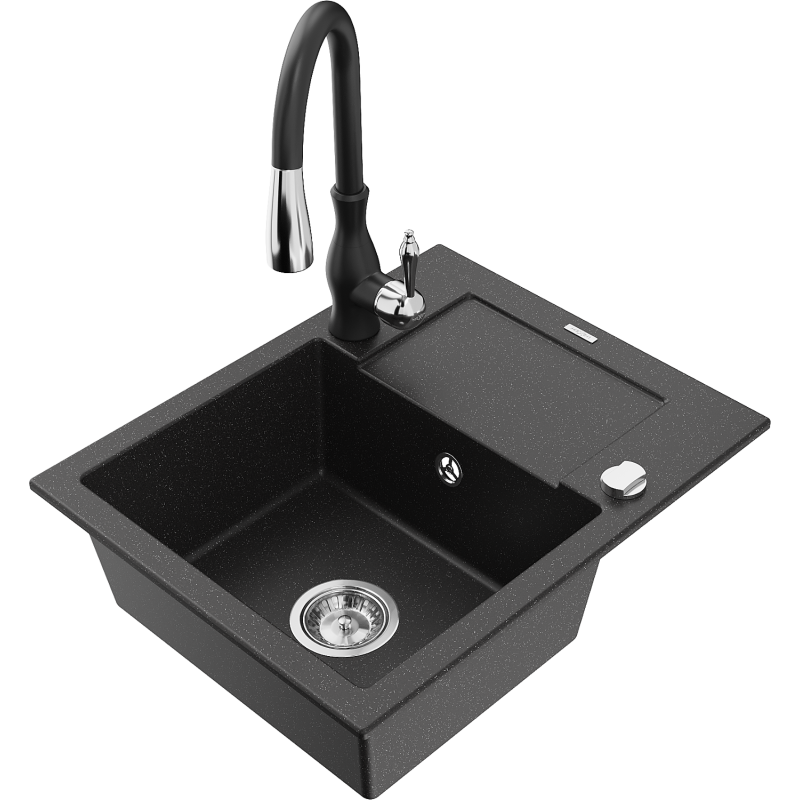 Mexen Enzo zlewozmywak granitowy 1-komorowy z ociekaczem i baterią kuchenną Savita, czarny/srebrny metalik - 6506-73-672601-70