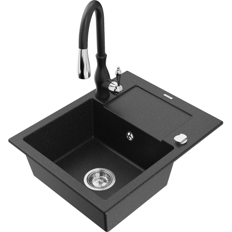 Mexen Enzo zlewozmywak granitowy 1-komorowy z ociekaczem i baterią kuchenną Savita, czarny/srebrny metalik - 6506-73-672601-70