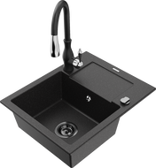 Mexen Enzo zlewozmywak granitowy 1-komorowy z ociekaczem i baterią kuchenną Savita, czarny/srebrny metalik - 6506-73-672601-70-B