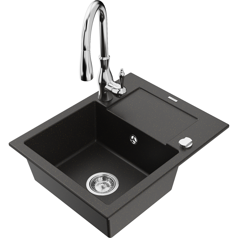 Mexen Enzo zlewozmywak granitowy 1-komorowy z ociekaczem i baterią kuchenną Savita, czarny/złoty metalik - 6506-75-672601-00