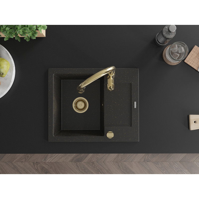 Mexen Enzo zlewozmywak granitowy 1-komorowy z ociekaczem i baterią kuchenną Savita, czarny/złoty metalik - 6506-75-672601-50