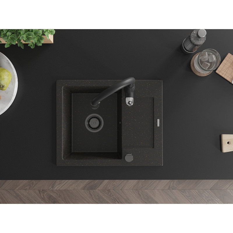 Mexen Enzo zlewozmywak granitowy 1-komorowy z ociekaczem i baterią kuchenną Savita, czarny/złoty metalik - 6506-75-672601-70-B