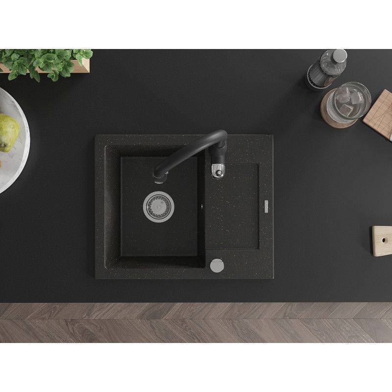 Mexen Enzo zlewozmywak granitowy 1-komorowy z ociekaczem i baterią kuchenną Savita, czarny/złoty metalik - 6506-75-672601-70