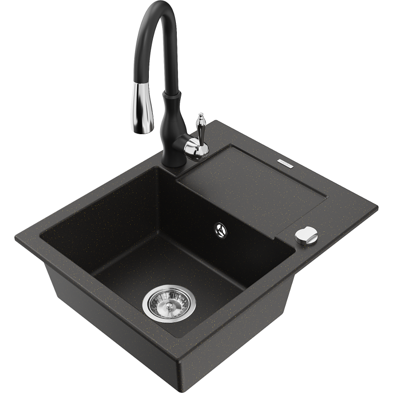 Mexen Enzo zlewozmywak granitowy 1-komorowy z ociekaczem i baterią kuchenną Savita, czarny/złoty metalik - 6506-75-672601-70