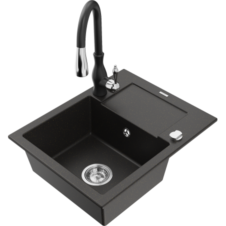 Mexen Enzo zlewozmywak granitowy 1-komorowy z ociekaczem i baterią kuchenną Savita, czarny/złoty metalik - 6506-75-672601-70