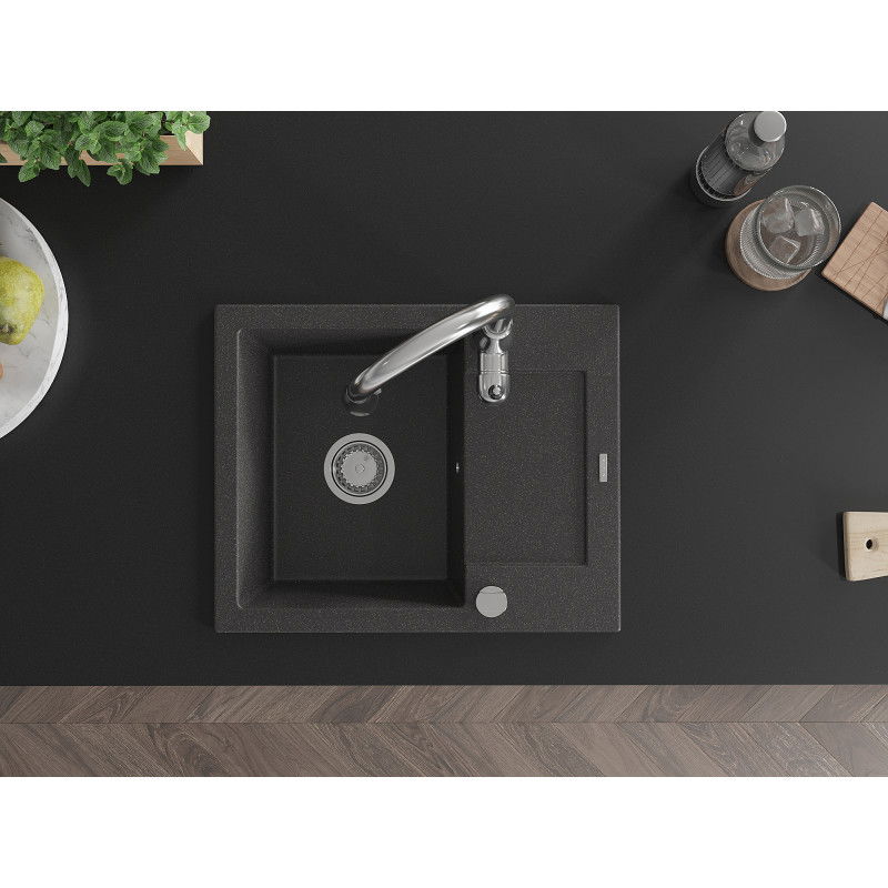 Mexen Enzo zlewozmywak granitowy 1-komorowy z ociekaczem i baterią kuchenną Savita, czarny nakrapiany - 6506-76-672601-00