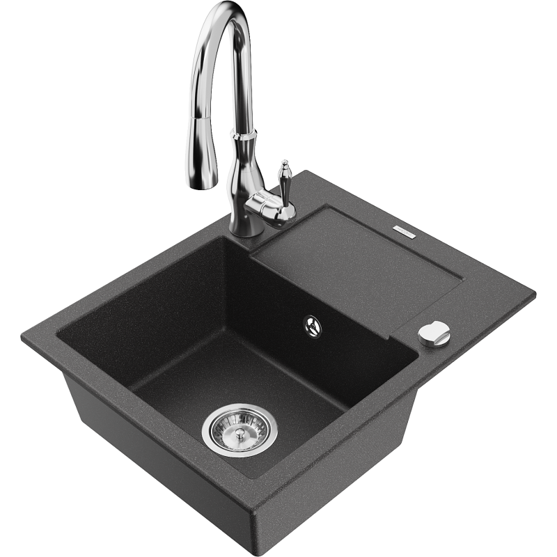 Mexen Enzo zlewozmywak granitowy 1-komorowy z ociekaczem i baterią kuchenną Savita, czarny nakrapiany - 6506-76-672601-00
