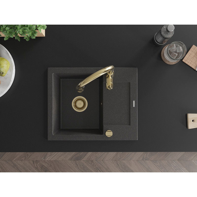 Mexen Enzo zlewozmywak granitowy 1-komorowy z ociekaczem i baterią kuchenną Savita, czarny nakrapiany - 6506-76-672601-50