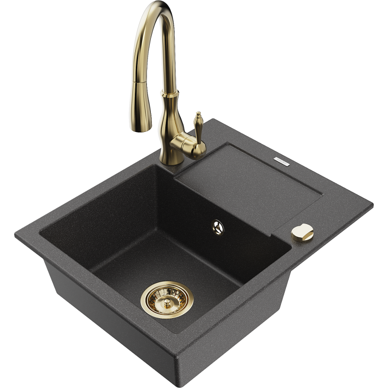 Mexen Enzo zlewozmywak granitowy 1-komorowy z ociekaczem i baterią kuchenną Savita, czarny nakrapiany - 6506-76-672601-50