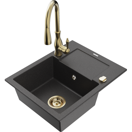 Mexen Enzo zlewozmywak granitowy 1-komorowy z ociekaczem i baterią kuchenną Savita, czarny nakrapiany - 6506-76-672601-50