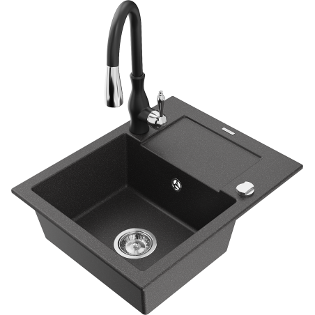 Mexen Enzo zlewozmywak granitowy 1-komorowy z ociekaczem i baterią kuchenną Savita, czarny nakrapiany - 6506-76-672601-70