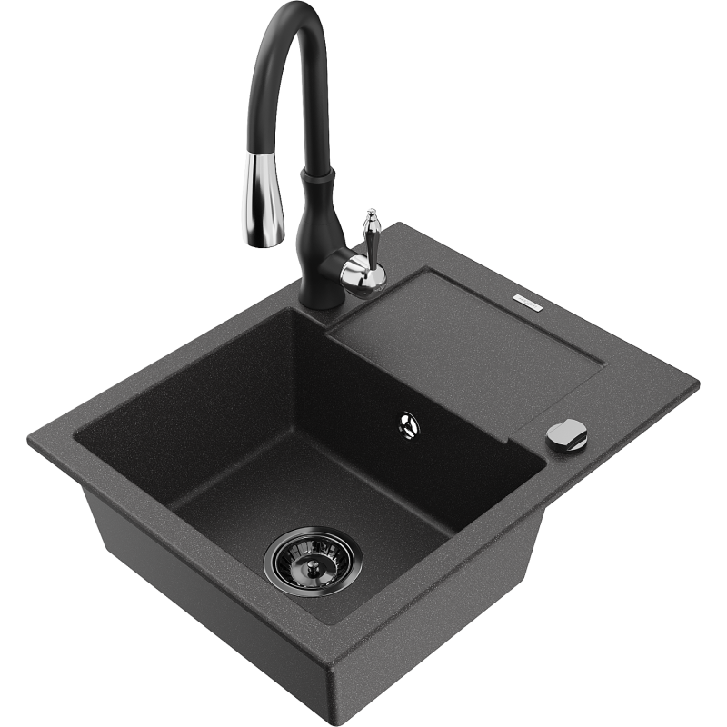Mexen Enzo zlewozmywak granitowy 1-komorowy z ociekaczem i baterią kuchenną Savita, czarny nakrapiany - 6506-76-672601-70-B