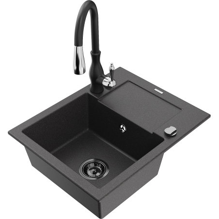 Mexen Enzo zlewozmywak granitowy 1-komorowy z ociekaczem i baterią kuchenną Savita, czarny nakrapiany - 6506-76-672601-70-B