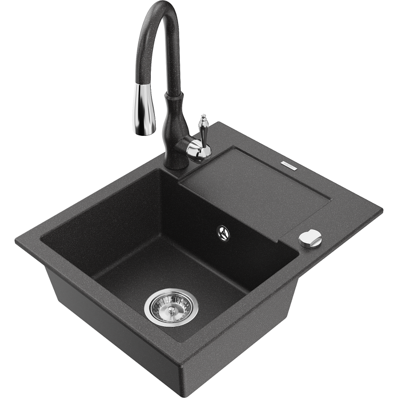 Mexen Enzo zlewozmywak granitowy 1-komorowy z ociekaczem i baterią kuchenną Savita, czarny nakrapiany - 6506-76-672601-76