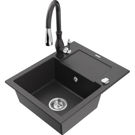 Mexen Enzo zlewozmywak granitowy 1-komorowy z ociekaczem i baterią kuchenną Savita, czarny nakrapiany - 6506-76-672601-76