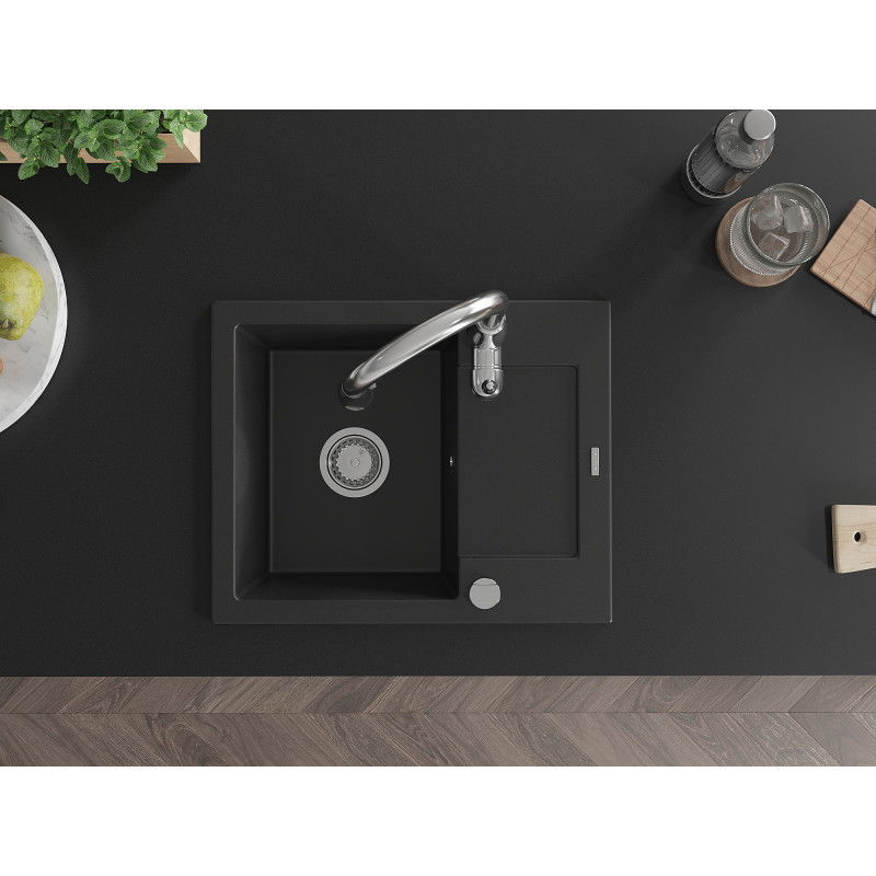 Mexen Enzo zlewozmywak granitowy 1-komorowy z ociekaczem i baterią kuchenną Savita, czarny - 6506-77-672601-00