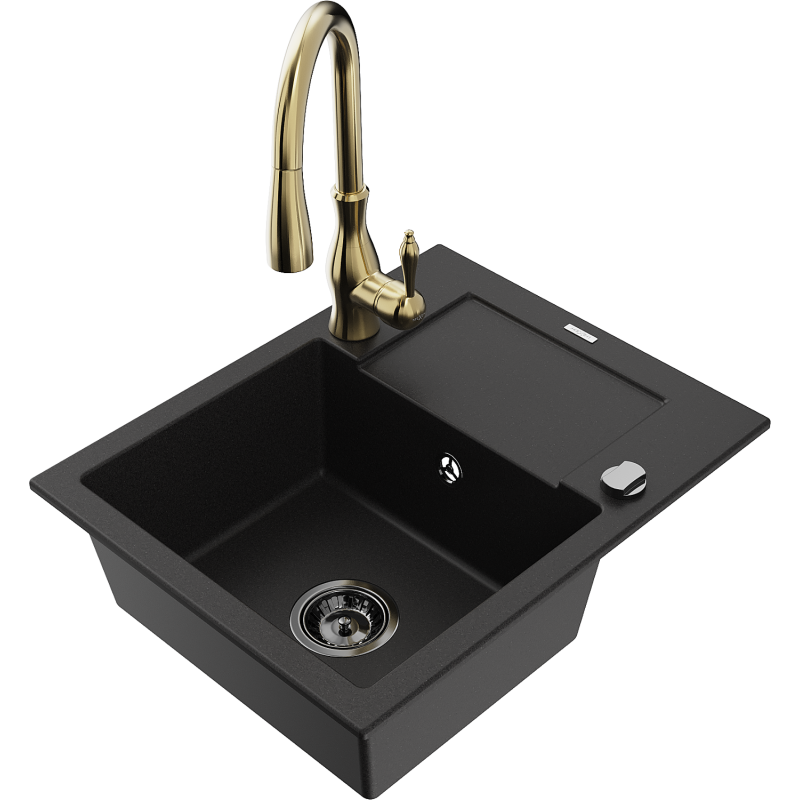 Mexen Enzo zlewozmywak granitowy 1-komorowy z ociekaczem i baterią kuchenną Savita, czarny - 6506-77-672601-50-B